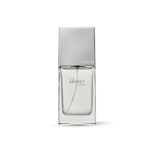 A rectangular glass perfume bottle with a metallic silver cap, labeled 'THE SECRET CODE' and 'SEXY MAN', on a clean white background.