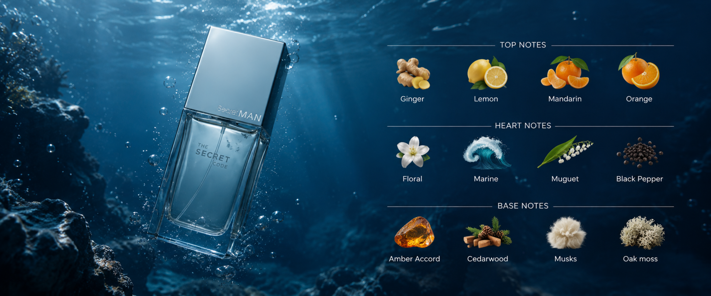 A rectangular perfume bottle labeled 'THE SECRET' floating in dark blue underwater water, with a fragrance notes graphic on the right listing ginger, lemon, mandarin, orange, floral, marine, muguet, black pepper, amber accord, cedarwood, musk, and oak moss.