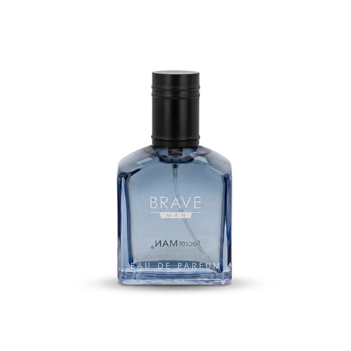 A bottle of Brave London Namibia Eau de Parfum with a light blue glass body, a black cap, and white lettering, centered on a white background.