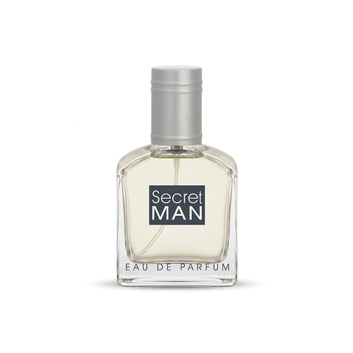 A clear glass bottle of Secret MAN Eau de Parfum with a silver cap and a black label, shown on a plain white background.