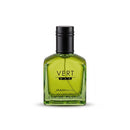 Vert Man Eau de Parfum bottle in a translucent olive-green glass with a black cap, shown on a plain white background.