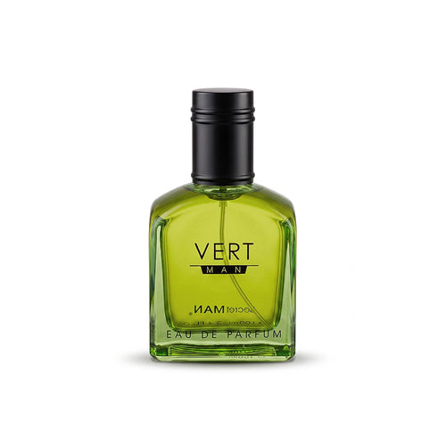 Vert Man Eau de Parfum bottle in a translucent olive-green glass with a black cap, shown on a plain white background.