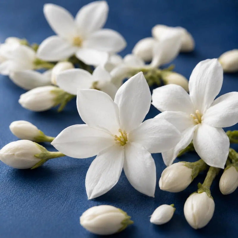Close-up of white jasmine flowers representing an elegant floral fragrance note used in perfumery.