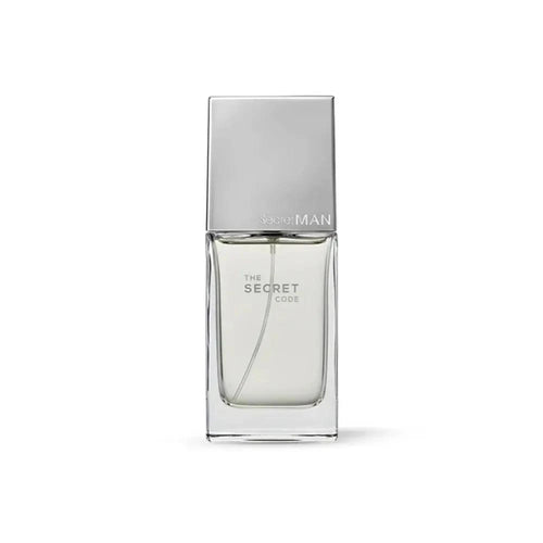 The Secret Code perfume by Secret Man in a clear glass bottle with a metallic silver cap on a white background.
